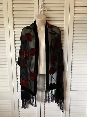 Black Burnout Velvet W/ Red Roses & Green Leaves & Fringe Scarf Shawl • $26