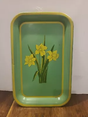 Vintage 1930-40s Metal Tray Jadeite Green W Daffodils 14x9 Serving Farmhouse  • $16.99