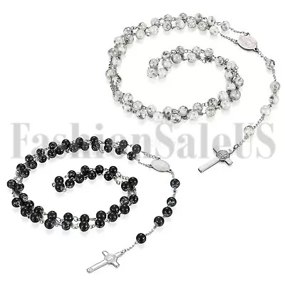 Mens Women Stainless Steel Beaded Jesus Crucifix Cross Necklace Chain Lucky Gift • $12.99