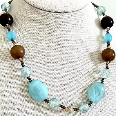 Ladies Blue Brown Acrylic Beaded AB Crystal Necklace 21  • $24.99