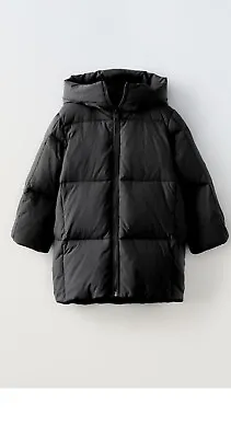 Zara Boys Black Feather And Down Long Coat Puffer Jacket 9- 10 Years • £40