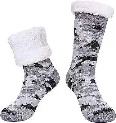  Mens Fuzzy Slipper Socks Soft Warm Cozy Fleece One Size Camouflage- Light Grey • $16.18