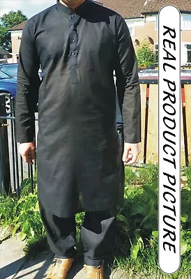 New Men's Shalwar Kameez Black White Cotton Pakistani Indian Eid Kurta Salwar • £27.99