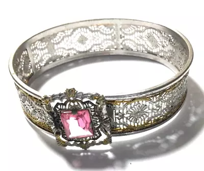 Vintage Art Deco JJ White Gold White Rhodium Pink Stone Bracelet • $65