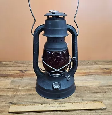 Rare Antique Dietz LITTLE WIZARD Railroad KEROSENE Lantern W/ Red FITZAL Globe • $34.48