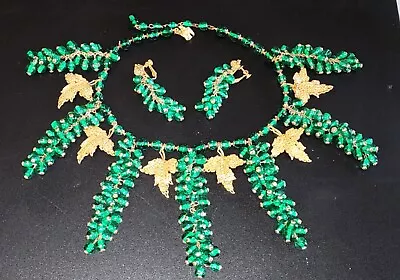 Vtg Signed M Haskell Emerald Green Gripoix Glass Grapes Necklace & Earrings Set • $275