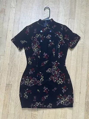 Vintage 90s Obey Velvet Floral  Mandarin Collar Mini Dress - Skater Grunge Goth • $33