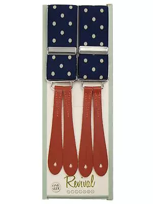 1940s Vintage Style Blue Spot Button Pants Suspenders Real Leather • $61.99