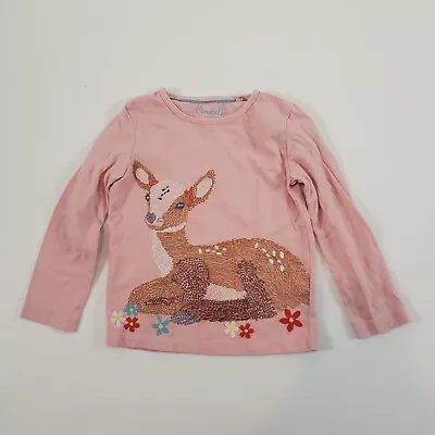 Mini Boden Girl's Shirt Pink Deer Cross Stitched Long Sleeve 5-6 • $15.99