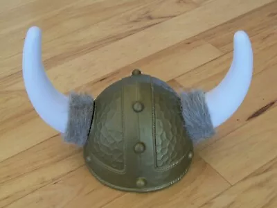 Plastic Viking Helmet With Horns & Fur - Halloween Costume Party Hat Gold White • $16.99