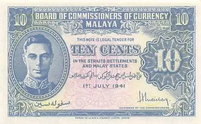 Malaya  10  Cents  1.7.191  P 8  Kg. G. VI  Circulated Banknote A16 • $45