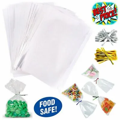 Clear Cellophane Sweet Pop Gift Hamper Food Wrap Bag Large Small Cello With Ties • £3.19