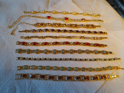 £15 • Buy 10 Vintage Gold Plated Bracelets/mixed Styles+sizes/gate/diamante/glass/chain 