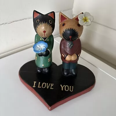 Wooden Cats Figurine Love Couple Cats Kittens  Vintage • $56.50