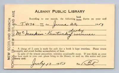 Albany Public Library ~ Vintage Overdue Book Postal Card  Kentucky Derby  1953 • $19.99