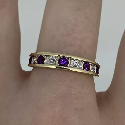 Amethyst & Diamond In Set Ring 9ct Yellow Gold - Size R • £120