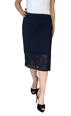 Women's Marc Cain Midnight Cotton Skirt Eyelet Perforated Straight Midi N3 8 Nwt • $44.99