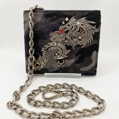 PRADA Bifold Wallet Dragon Camouflage Pattern Studded Chain Leather Men Limited • $210