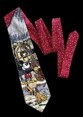 Disney Mickey Mouse Christmas Tie Playing Bass Pluto Howling Silk Atlas Design • $11.99