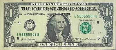 Fancy Serial Number 1 Dollar Bill 6 In A Row 5s E55555508B Federal Reserve Note • $34.99
