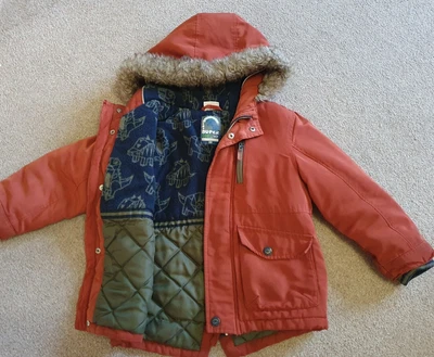 £8 • Buy Kids Boys Red Orange Dinosaur Fur Trim Thick Quilt Rain Coat Jacket Pockets 4-5