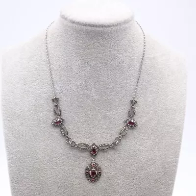 Vintage Marcasite Red Paste Stone Necklace • £24.99