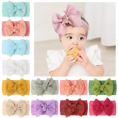 Toddler Baby Girls Bow Knot Headband Nylon Hairband Stretch Turban Head Wrap • £1.19