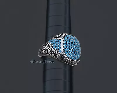 Men's Turquoise Micro Pave Sterling Silver 925 Sz 10.5 Unique Ring • $95
