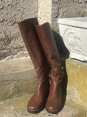 REDUCED! Michael Kors Ladies Tall Brown Leather Boots Faux Fur Lined Gold Snaps • $46