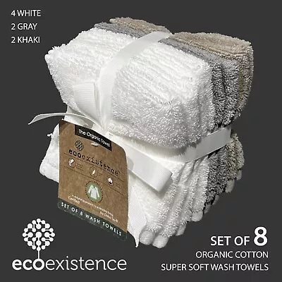 SET OF 8 New Ecoexistence Soft Organic Wash Towels 4 White + 2 Gray + 2 Khaki • $24.99