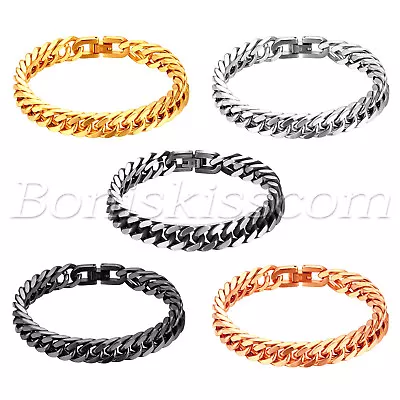 Men's Biker Rock Charm Polished Stainless Steel Bracelet Flat Curb Link Chain • $8.99