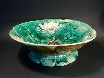 Antique Majolica White Lotus Pond Lily Footed Bowl Centerpiece • $395