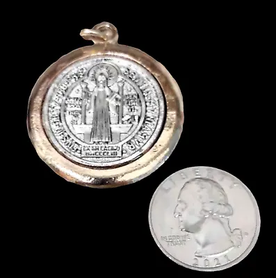 Medalla De San Benito Abad Grande   St Saint Benedict Silver /Gold Two Tone 58mm • $15.99