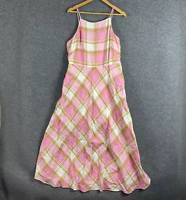 Country Road Dress Womens 16 Pink Gold Maxi Organic French Linen Plaid Ladies • $49.95
