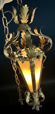 LRG Arts & Crafts Style Gilt Metal Venetian Carmel Slag Glass Swag Hanging Lamp • $9.99