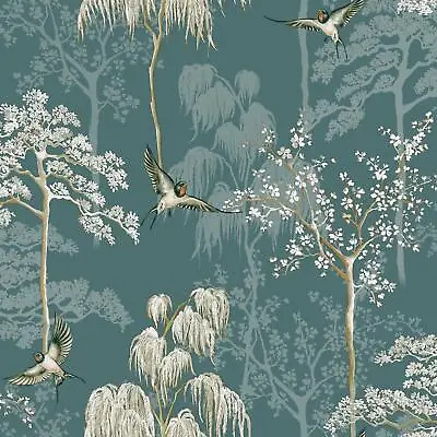 Japanese Garden Wallpaper Oriental Wisteria Trees Swallow Birds Teal 946101 • £18.99
