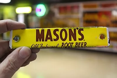 RARE 1950s MASON'S OLD FASHIONED ROOT BEER PORCELAIN METAL CRATE TAG SIGN SODA • $0.99