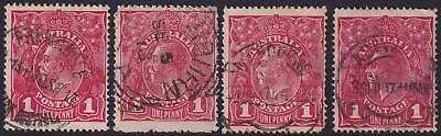 Australia KGV 1d Red X 4 'DATED'. SINGLE WATERMARK. USED (S009) • $6.95