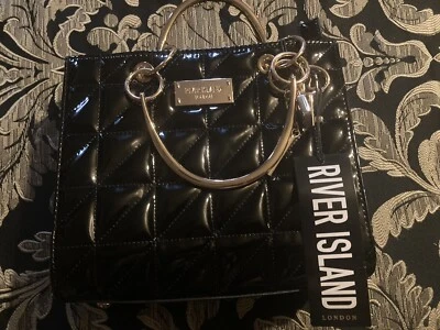 £31.50 • Buy River Island Black Patent Quilted Tote Bag With Charms (BNWT)