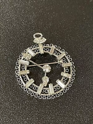 Vtg Rhinestone Clock Pin Pendant Marked Sterling Signed JF? Silver Filigree • $18