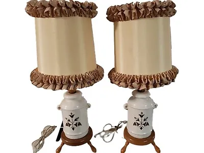 Pair Of Vintage Ceramic/Wood Lamps With Milk-Can And Stool Country Cow Colonial • $85