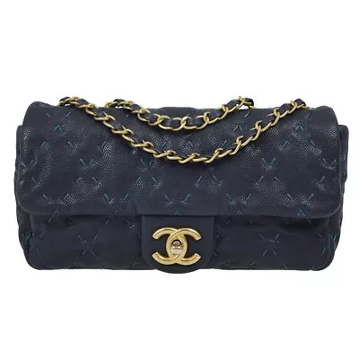 Chanel Navy Caviar Wild Stitch Double Chain  Shoulder Bag KK30471 • £1721.10