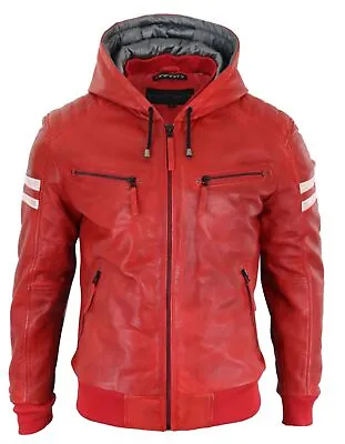 Men Leather Jacket Hood Hooded Mens Bomber Real Red Biker Motorcycle Coat 3 • $98.36