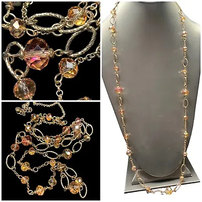 Vintage AB CITRINE Color Crystals Gold Chain Long Necklace 40” Signed 1946 • $26.50