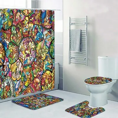 Disney Stained Glass Art Print Shower Curtain Bath Math Toilet Lid Cover Mat • $65