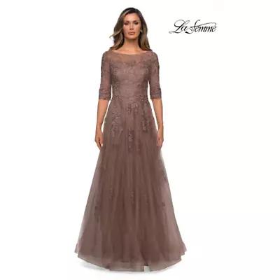 LA FEMME Evening Gown Small Cocoa Tan A-Line Scoop Embellished Lace Tulle 28036  • $80