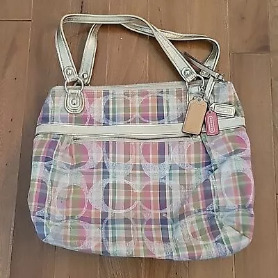 Coach Poppy Daisy Madras Signature Large Tote Shoulder Bag Pink Gold Plaid • $70