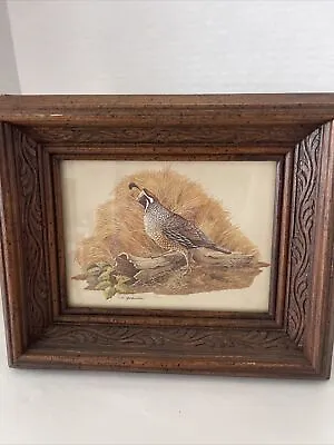 Quail Print Signed C.O. Godwin Woodland Bird Ornate Solid Wood Frame 11x9” • $30.59