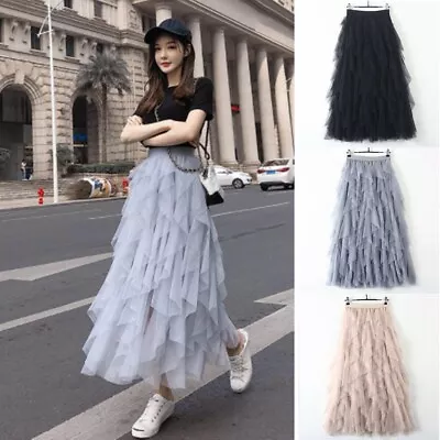 £7.28 • Buy Women High Waist Ruffle Mesh TUTU SKIRT Sheer Net Tulle Pleated Long Party Dress