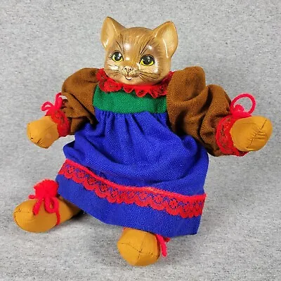 Vintage 80s Handmade Babushka Cat Kitty In Dress 12 L Sack Plush Doll • $27